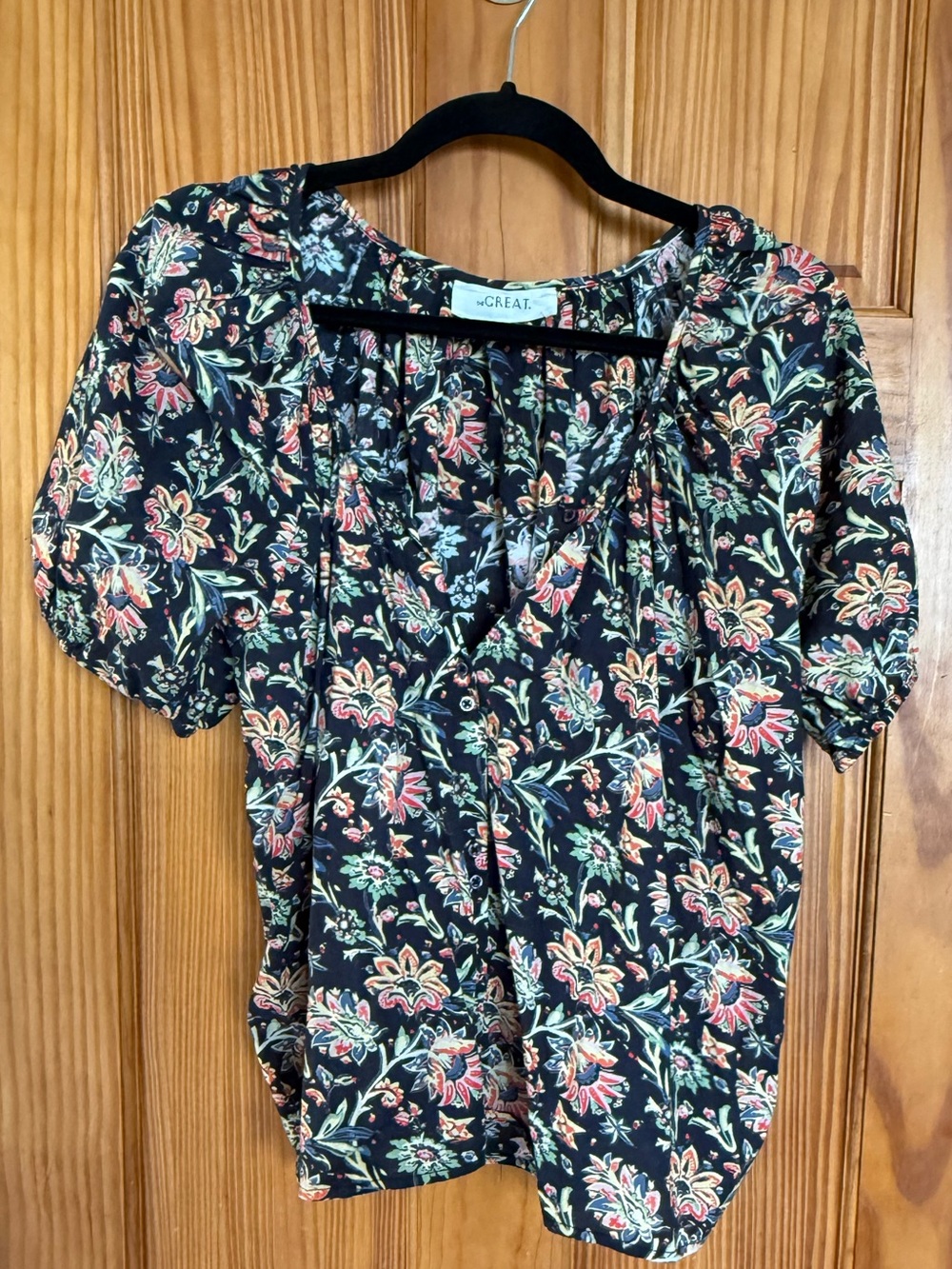 NWOT THE GREAT. Black Floral Short-Sleeve Blouse